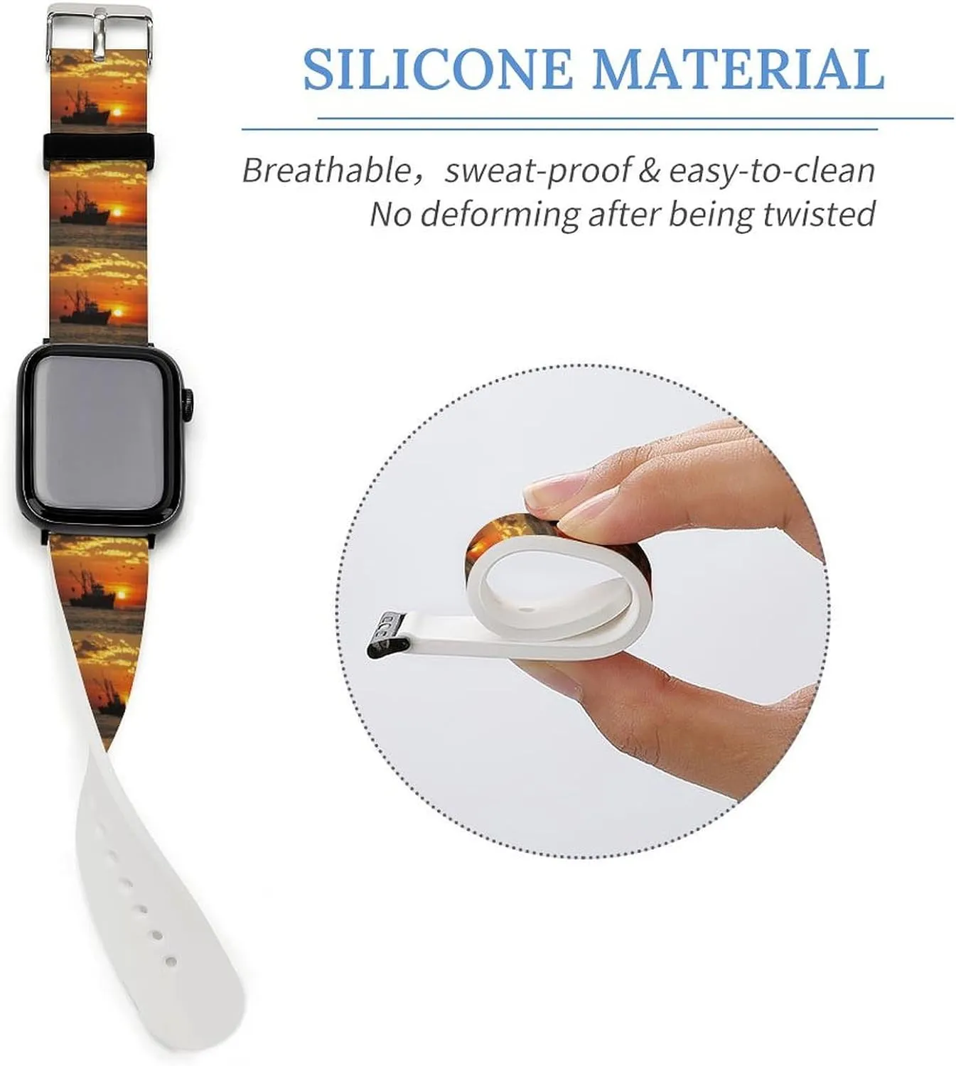 Fishing Boat Sunset Adjustable Silicone Watchband Compatible with IWatch Classic Soft Sports Watch Strap for Men Women