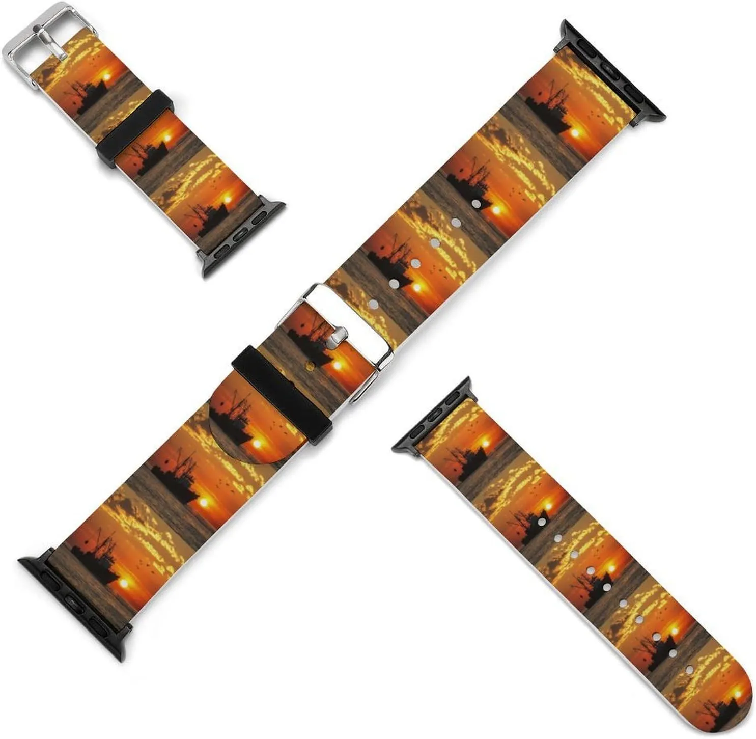 Fishing Boat Sunset Adjustable Silicone Watchband Compatible with IWatch Classic Soft Sports Watch Strap for Men Women