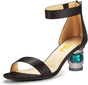 FSJ Women Comfy Ankle Strap Zipper Medium Rhinestone Chunky Heels Peep Toe Pull On Classic Travel Sandals Size 4-15 M US