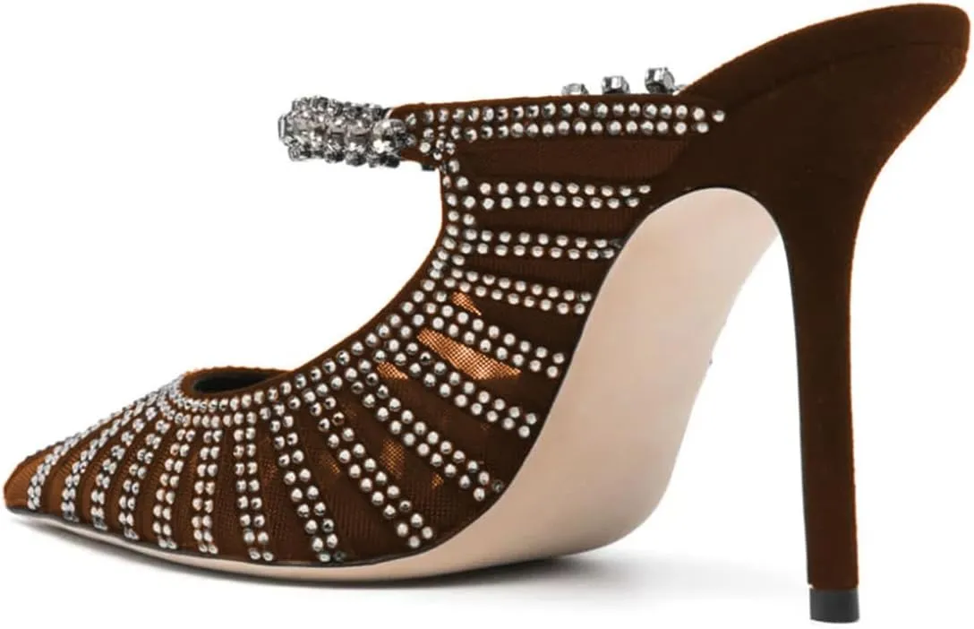 FYS Women's Pointed Toe Slip on Mules Rhinestone Studded Stiletto High Heel Sandals Shining Sexy Party Evening Shoes Size 4-16 US