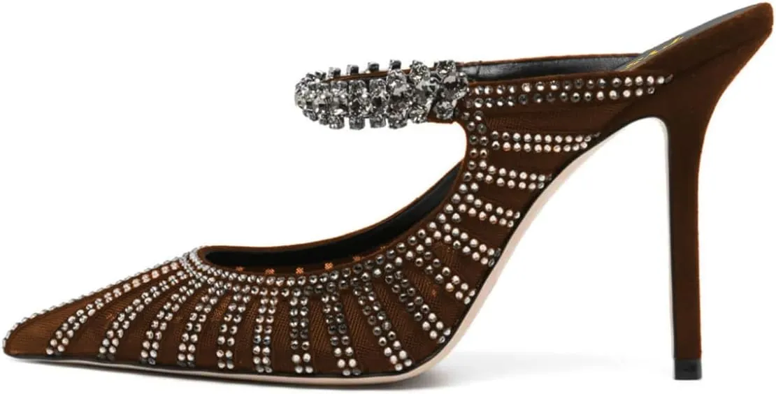 FYS Women's Pointed Toe Slip on Mules Rhinestone Studded Stiletto High Heel Sandals Shining Sexy Party Evening Shoes Size 4-16 US