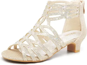 Girl Glitter High Heels Princess Rhinestone Dress Shoes Little Big Kid Wedding Party Sparkle Pump Sandals Size 5 Champagne Gold Girls Pageant Prom Shoes （02Champagne 5） …