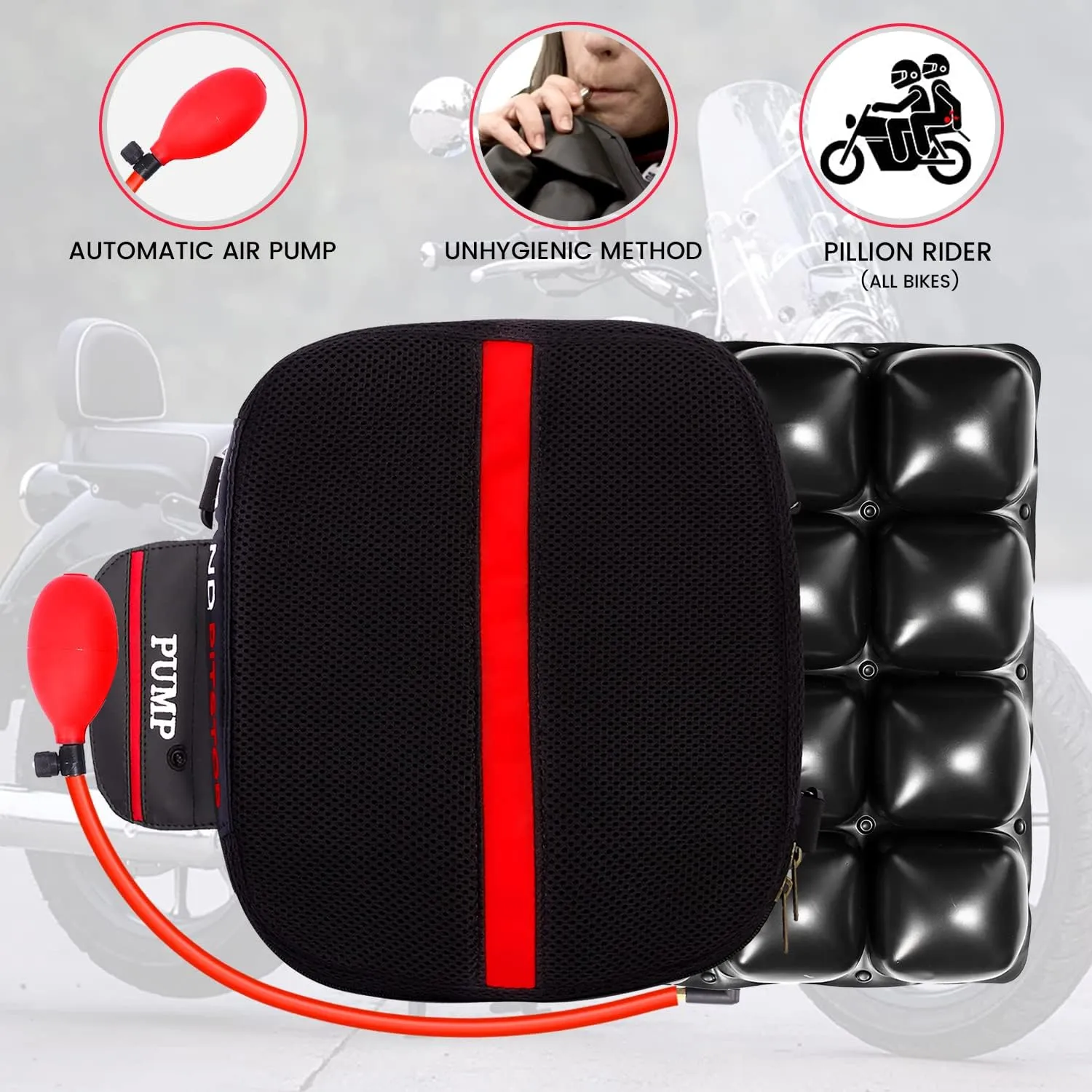 GRAND PITSTOP Motorcycle Air Seat Cushion, on The go inflate & Deflate, Pressure Relief Motorcycle Seat Pad, Shock Proof Comfortable for Motorbike Long Rides (Pillion Premium with Air Pump)