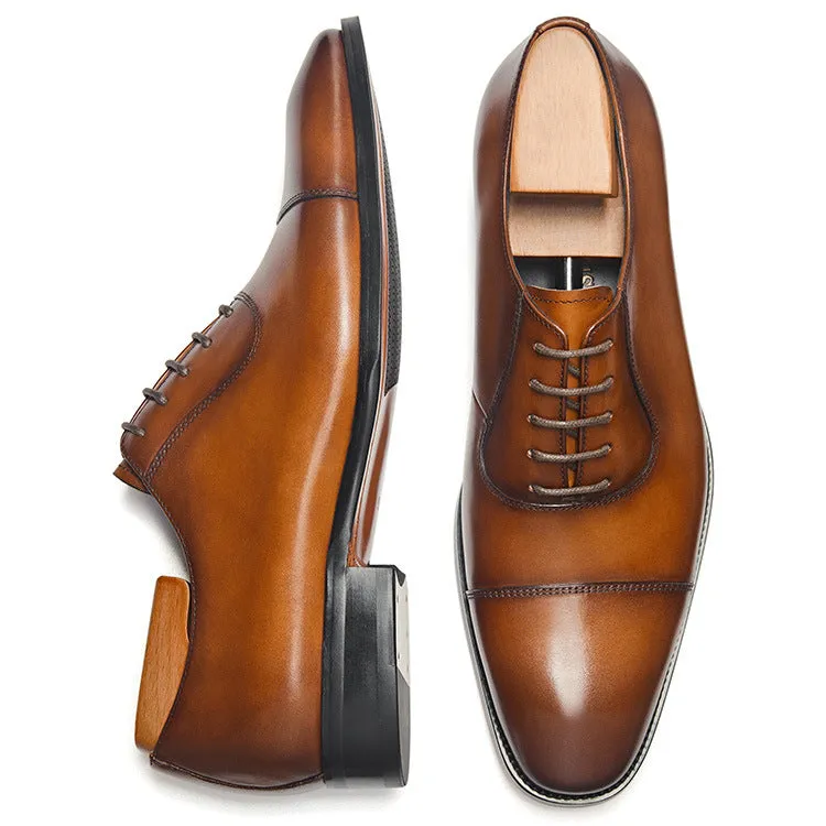 Handmade Polished Leather Cap Toe Dress Shoes