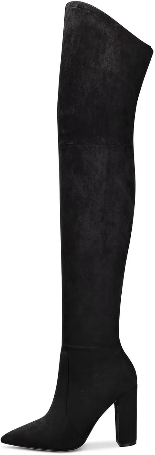 HDEUOLM Women Chunky Block High Heel Close Pointed Toe Over Above The Knee Boots Zipper Sexy Classic Shoes