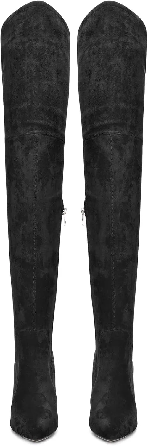 HDEUOLM Women Chunky Block High Heel Close Pointed Toe Over Above The Knee Boots Zipper Sexy Classic Shoes