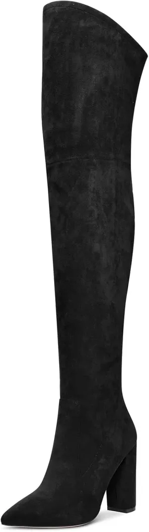 HDEUOLM Women Chunky Block High Heel Close Pointed Toe Over Above The Knee Boots Zipper Sexy Classic Shoes
