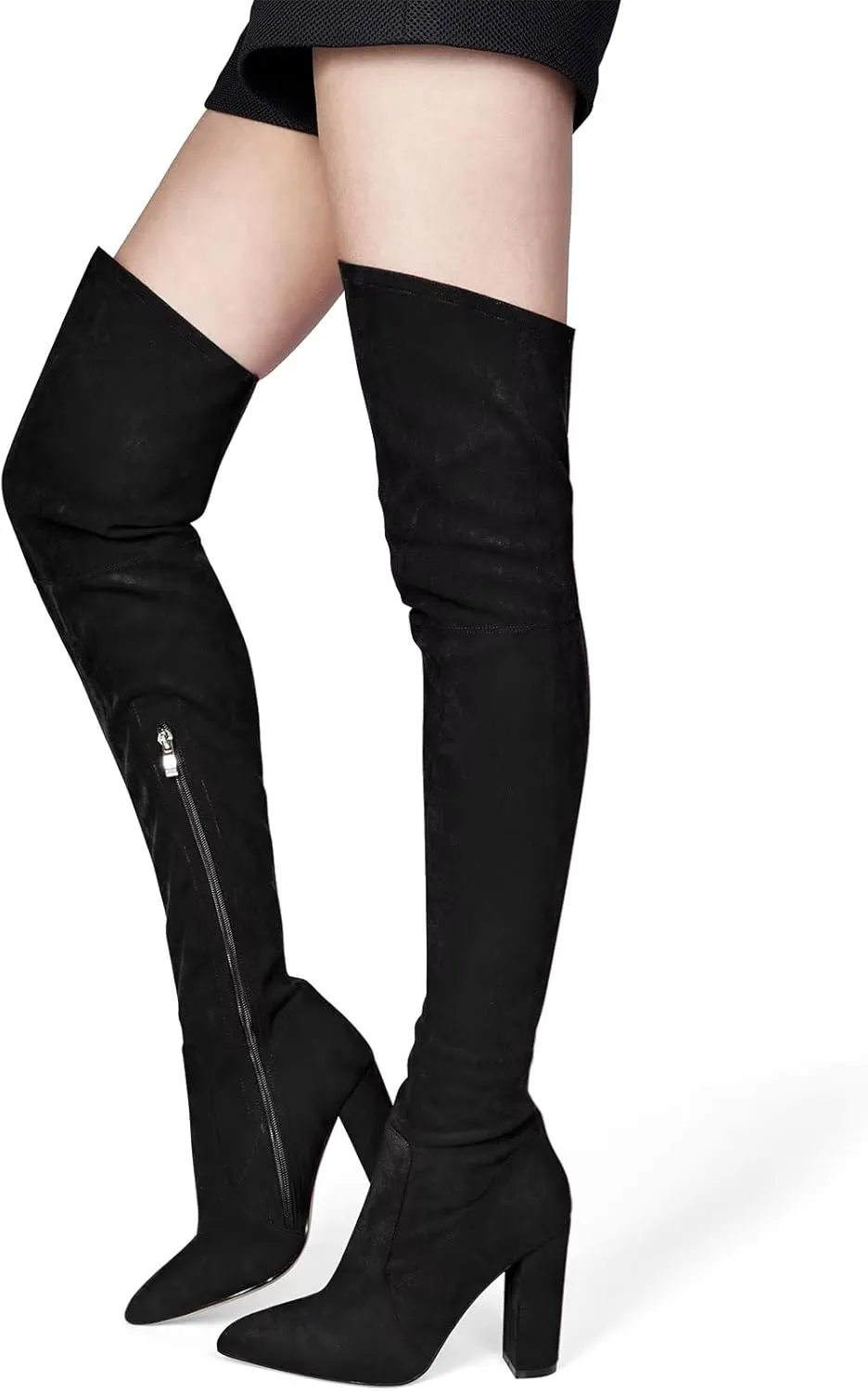 HDEUOLM Women Chunky Block High Heel Close Pointed Toe Over Above The Knee Boots Zipper Sexy Classic Shoes