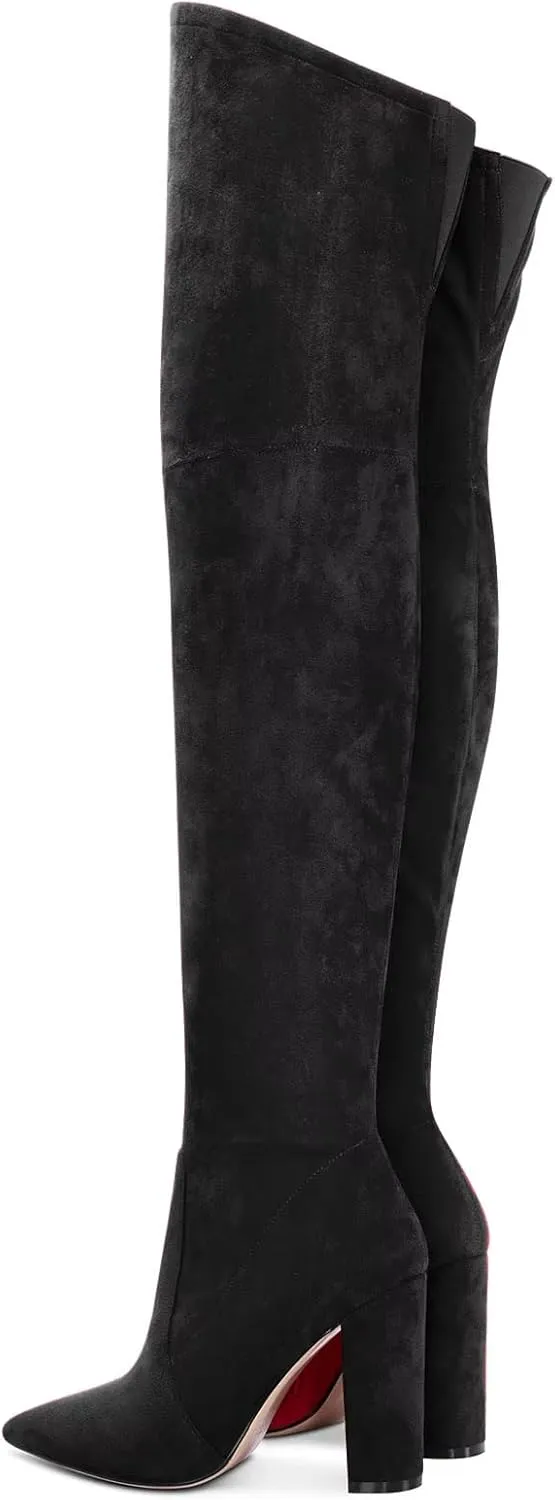 HDEUOLM Women Chunky Block High Heel Close Pointed Toe Over Above The Knee Boots Zipper Sexy Classic Shoes