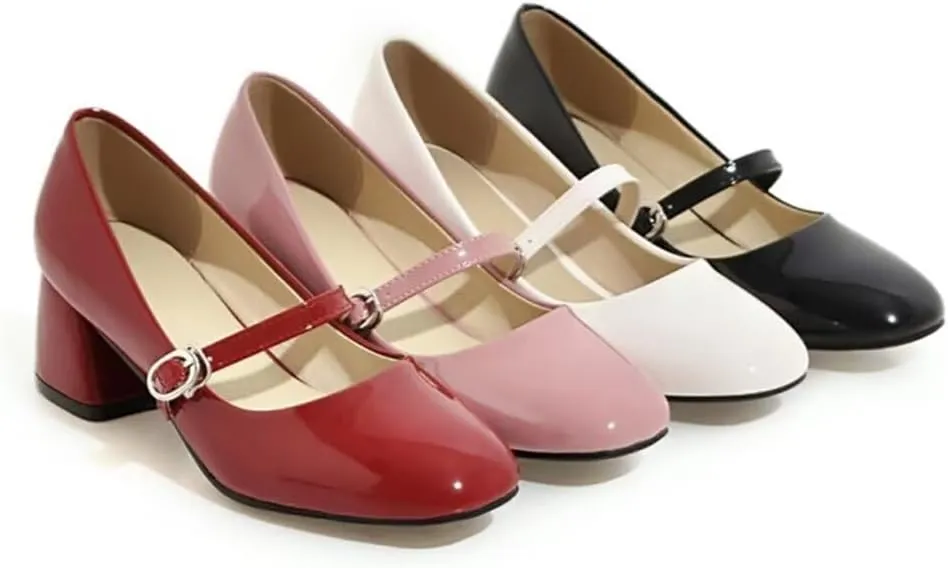 Hee grand Vintage Mary Jane Shoes Chunky Heels for Women Square Toe Adjustable Strap Pump PU Leather Brogue Work Heels Dress Shoes