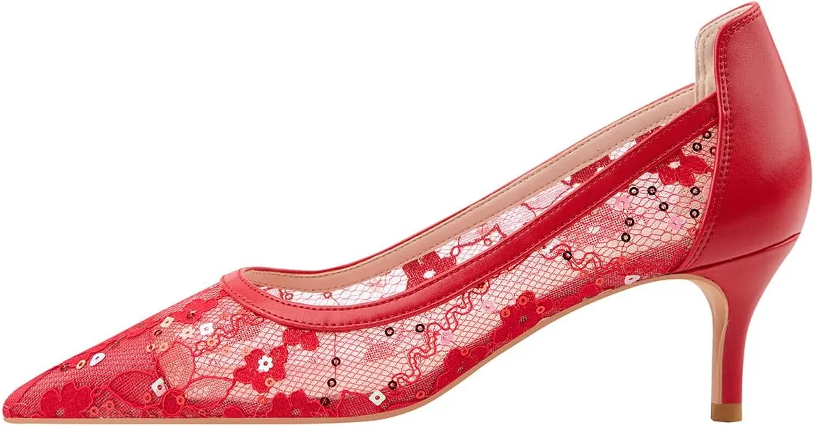 Hee grand Women Mid Heels Pointed Toe Pump Small Heels Office Shoes for Work Sexy Mesh Lace Wedding Party Dress Shoes