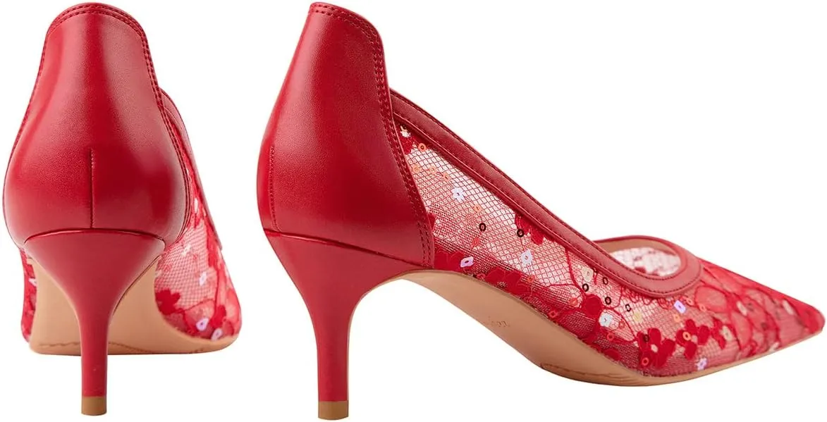 Hee grand Women Mid Heels Pointed Toe Pump Small Heels Office Shoes for Work Sexy Mesh Lace Wedding Party Dress Shoes