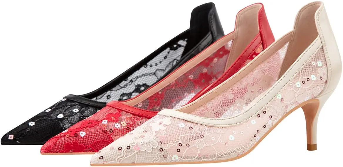 Hee grand Women Mid Heels Pointed Toe Pump Small Heels Office Shoes for Work Sexy Mesh Lace Wedding Party Dress Shoes