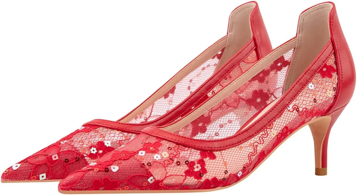 Hee grand Women Mid Heels Pointed Toe Pump Small Heels Office Shoes for Work Sexy Mesh Lace Wedding Party Dress Shoes