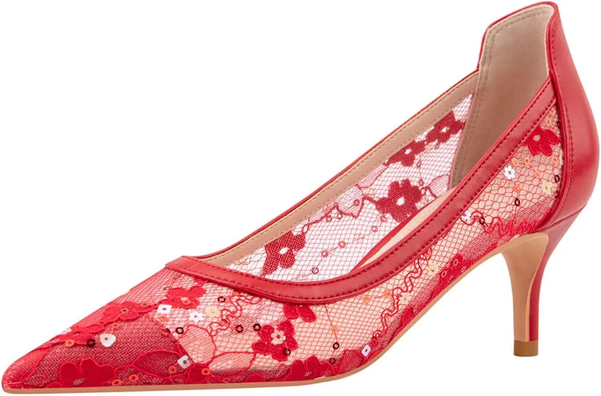 Hee grand Women Mid Heels Pointed Toe Pump Small Heels Office Shoes for Work Sexy Mesh Lace Wedding Party Dress Shoes