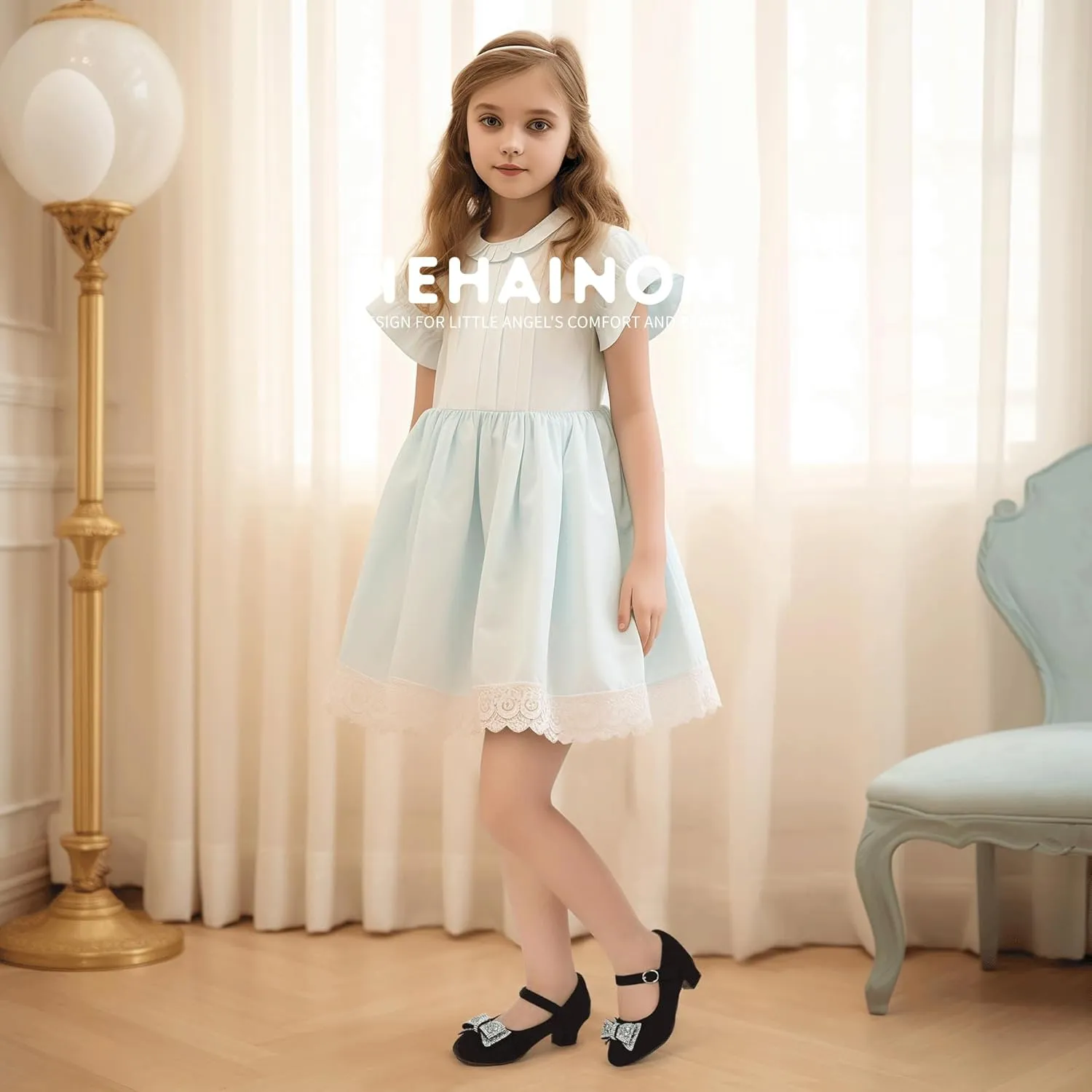 Hehainom Girls Mary Jane Dress Shoes Rhinestones Bows Flower Girl Wedding Princess Low Heels Toddler Little Kids Pump Shoes