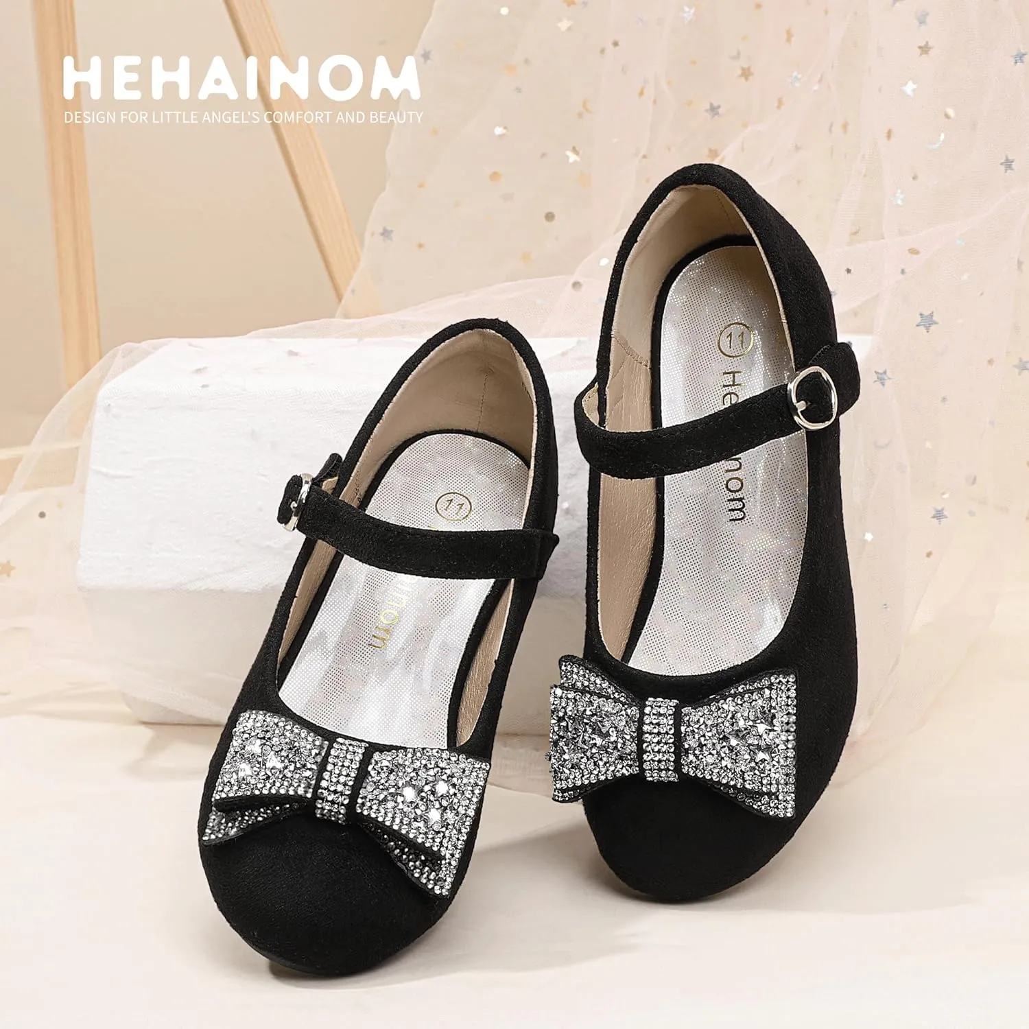 Hehainom Girls Mary Jane Dress Shoes Rhinestones Bows Flower Girl Wedding Princess Low Heels Toddler Little Kids Pump Shoes