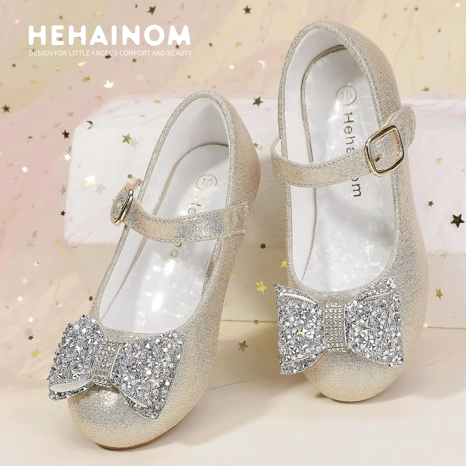 Hehainom Girls Mary Jane Dress Shoes Rhinestones Bows Flower Girl Wedding Princess Low Heels Toddler Little Kids Pump Shoes