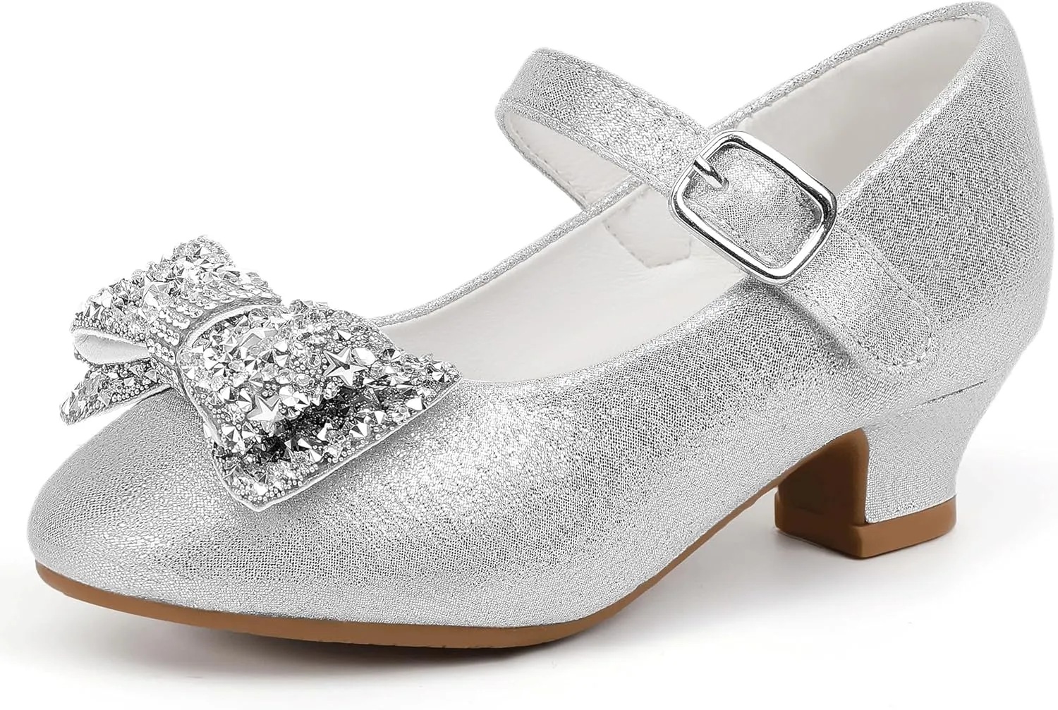Hehainom Girls Mary Jane Dress Shoes Rhinestones Bows Flower Girl Wedding Princess Low Heels Toddler Little Kids Pump Shoes
