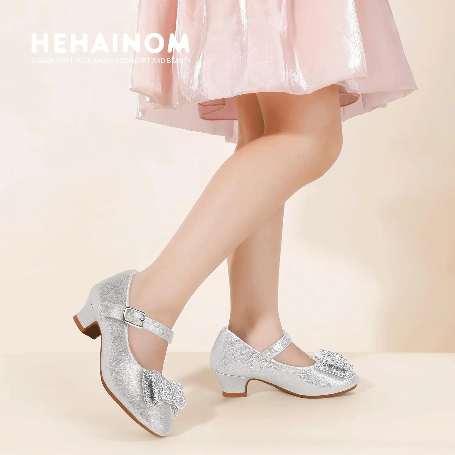 Hehainom Girls Mary Jane Dress Shoes Rhinestones Bows Flower Girl Wedding Princess Low Heels Toddler Little Kids Pump Shoes