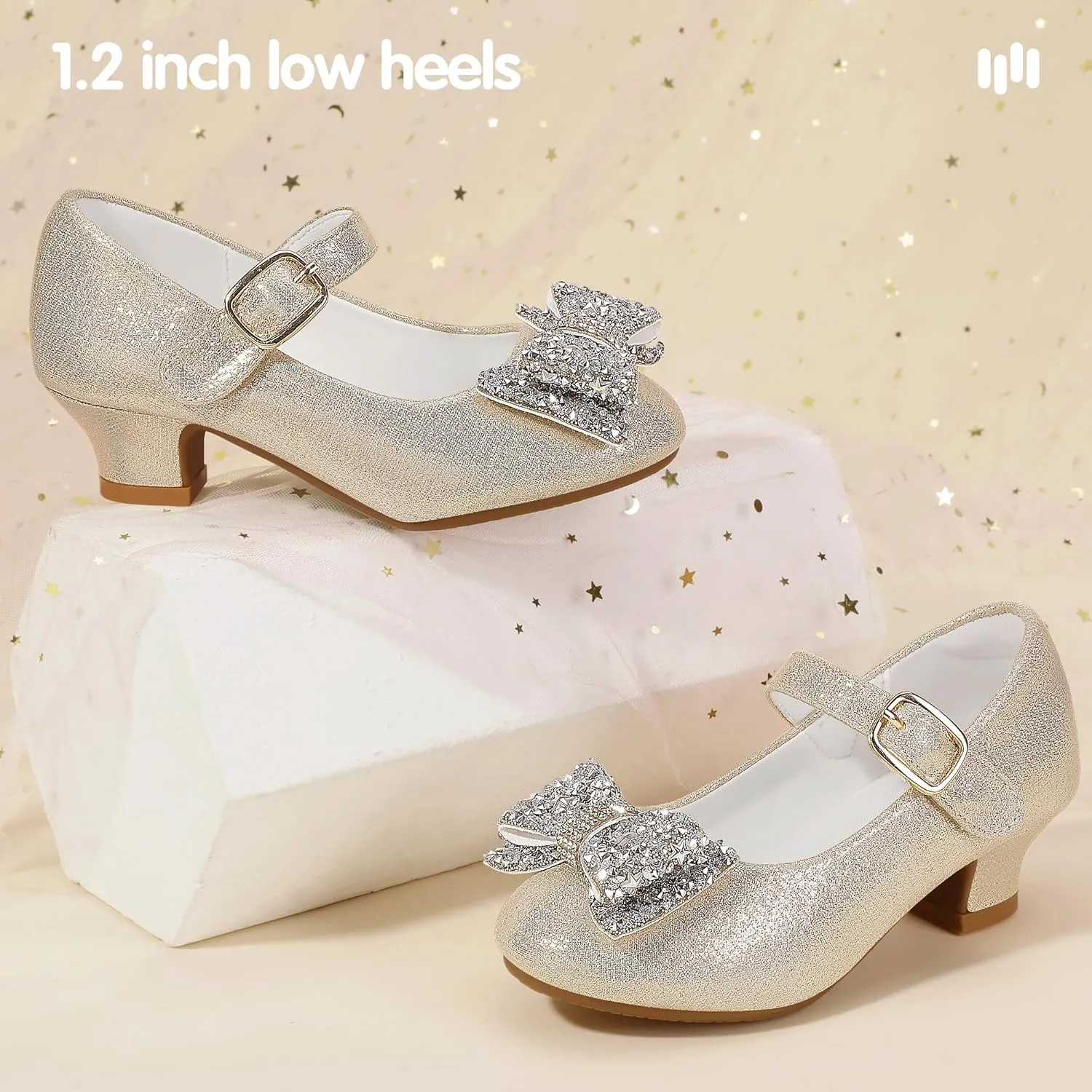 Hehainom Girls Mary Jane Dress Shoes Rhinestones Bows Flower Girl Wedding Princess Low Heels Toddler Little Kids Pump Shoes