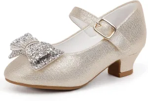 Hehainom Girls Mary Jane Dress Shoes Rhinestones Bows Flower Girl Wedding Princess Low Heels Toddler Little Kids Pump Shoes
