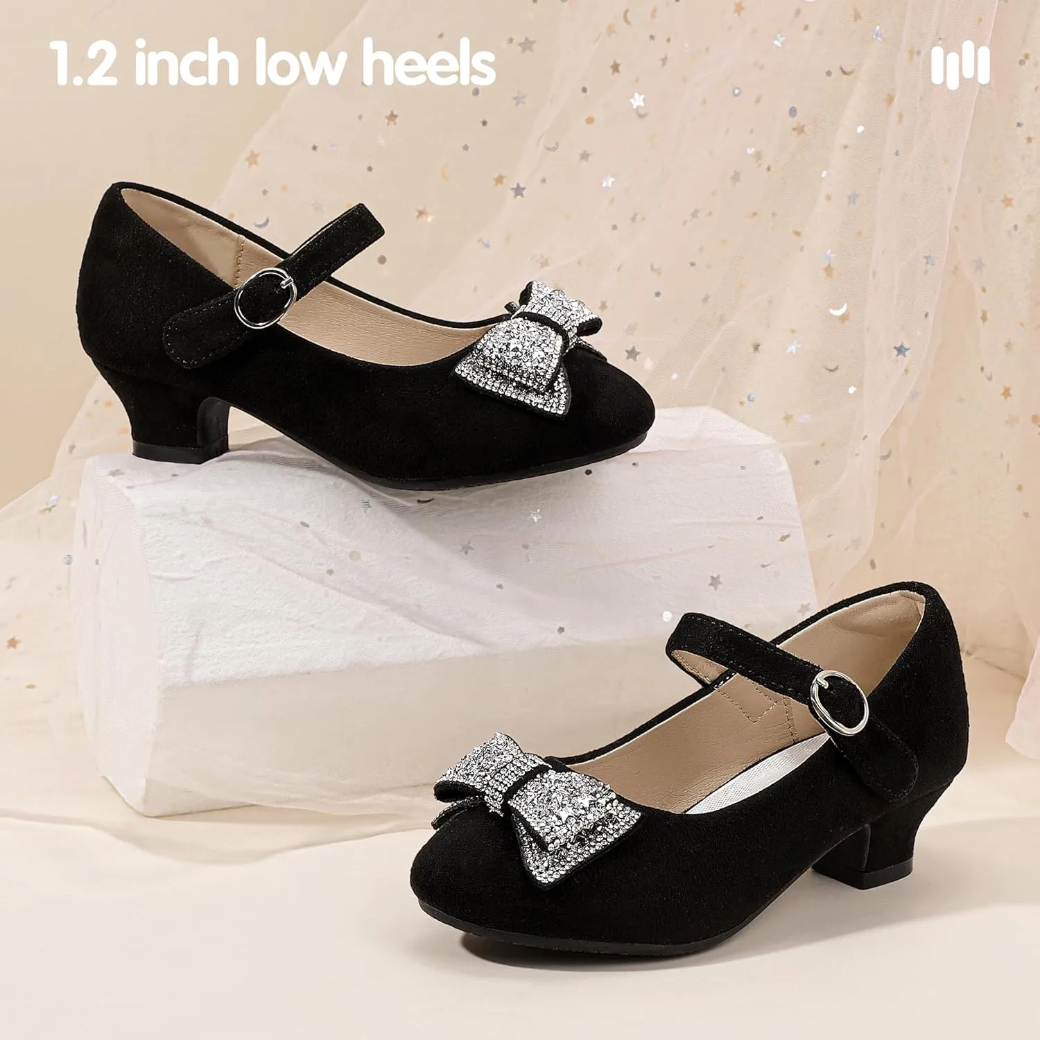Hehainom Girls Mary Jane Dress Shoes Rhinestones Bows Flower Girl Wedding Princess Low Heels Toddler Little Kids Pump Shoes