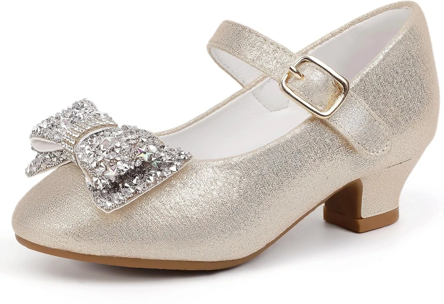 Hehainom Girls Mary Jane Dress Shoes Rhinestones Bows Flower Girl Wedding Princess Low Heels Toddler Little Kids Pump Shoes