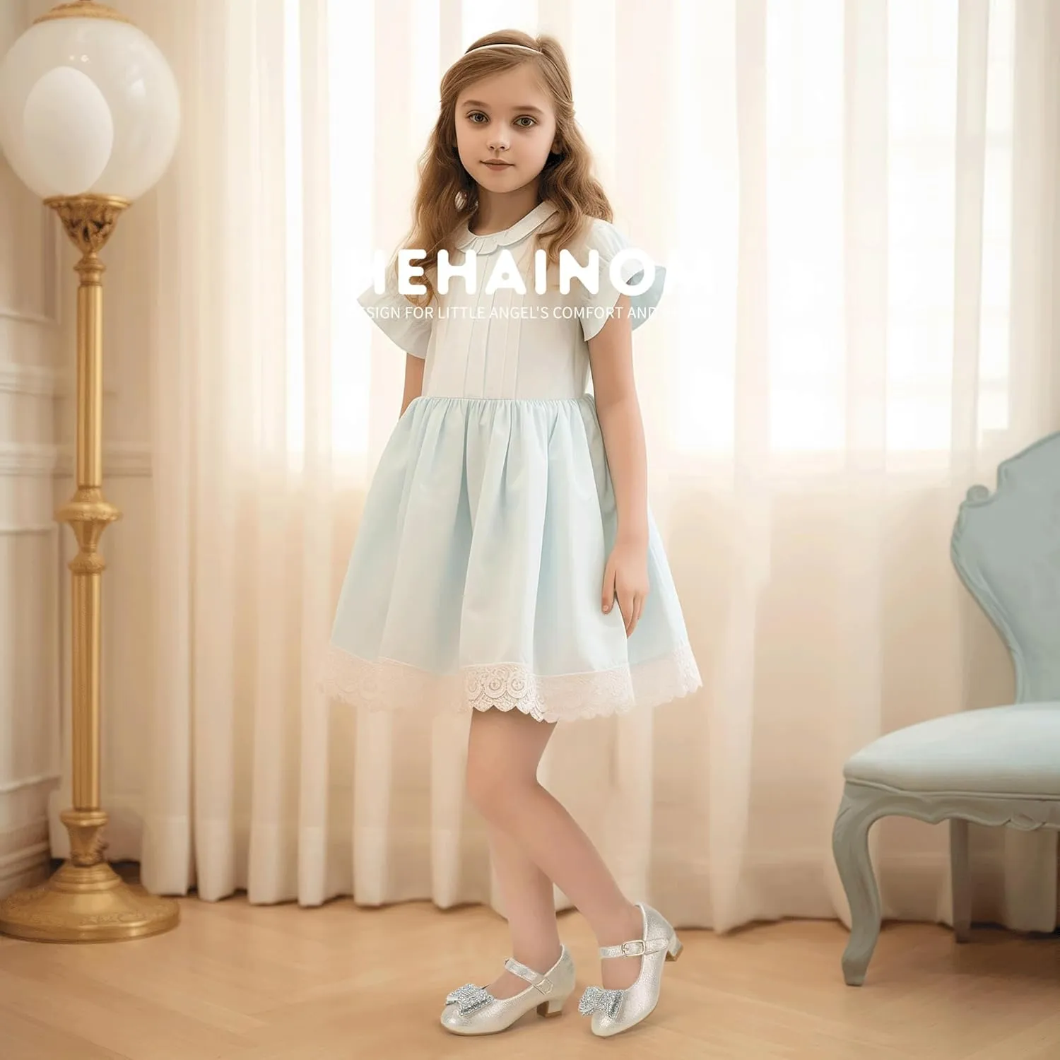 Hehainom Girls Mary Jane Dress Shoes Rhinestones Bows Flower Girl Wedding Princess Low Heels Toddler Little Kids Pump Shoes