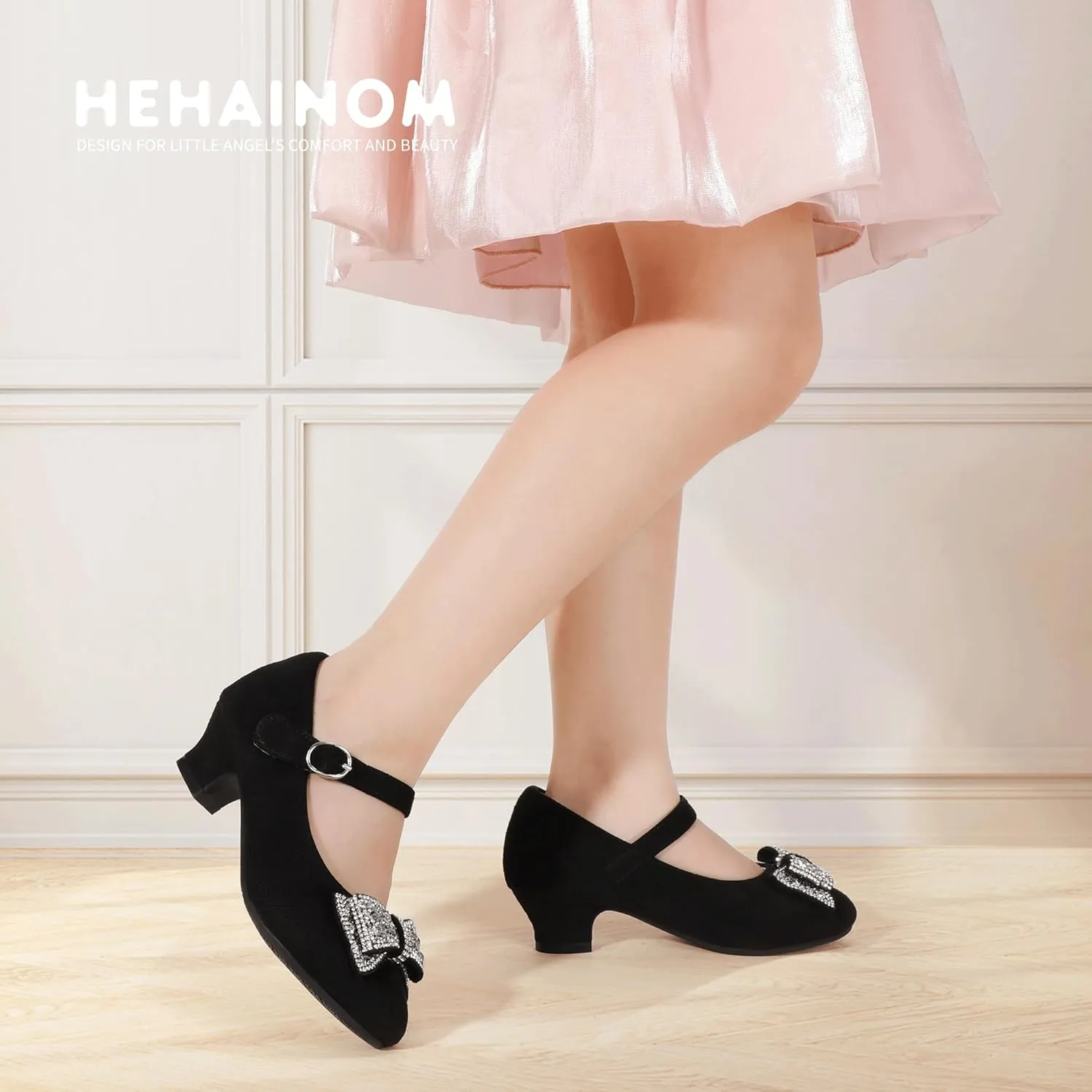Hehainom Girls Mary Jane Dress Shoes Rhinestones Bows Flower Girl Wedding Princess Low Heels Toddler Little Kids Pump Shoes