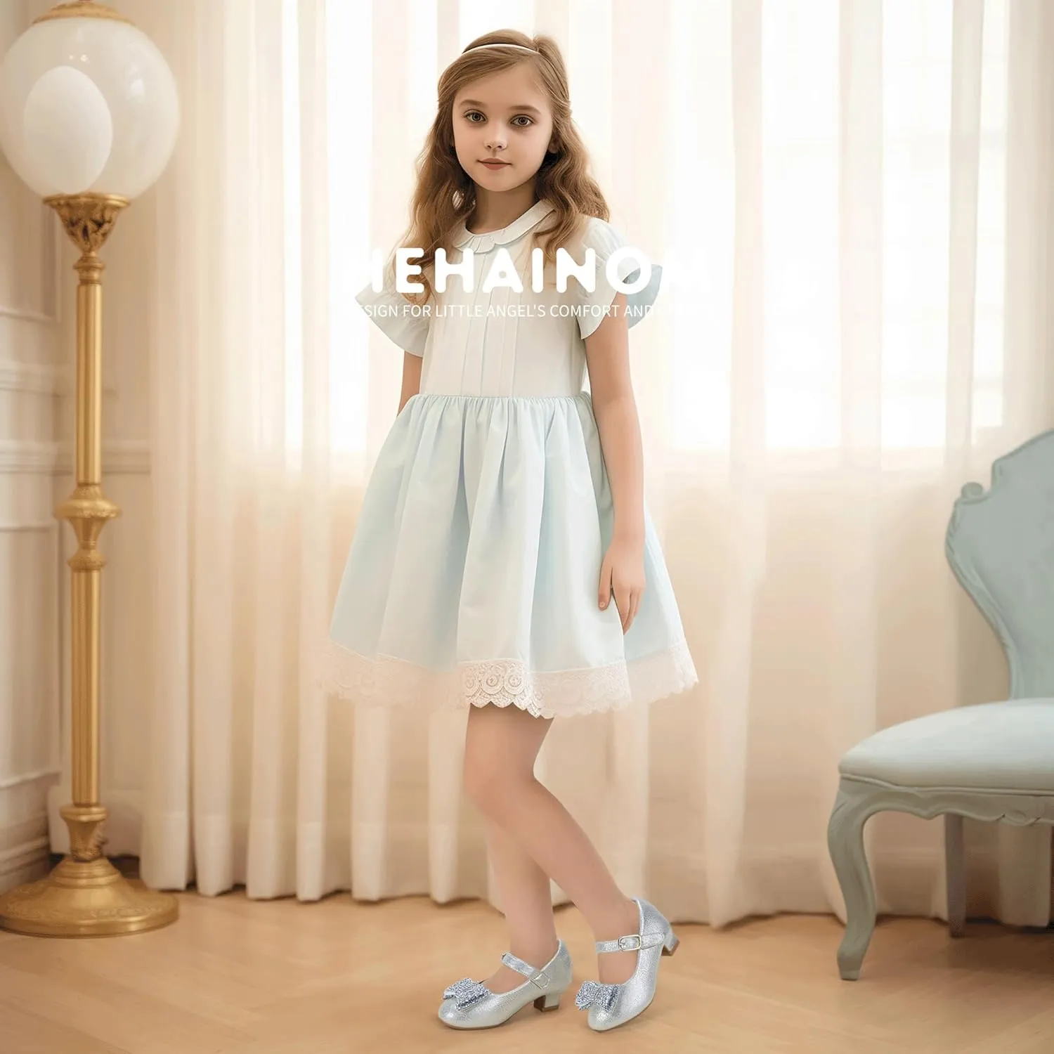 Hehainom Girls Mary Jane Dress Shoes Rhinestones Bows Flower Girl Wedding Princess Low Heels Toddler Little Kids Pump Shoes