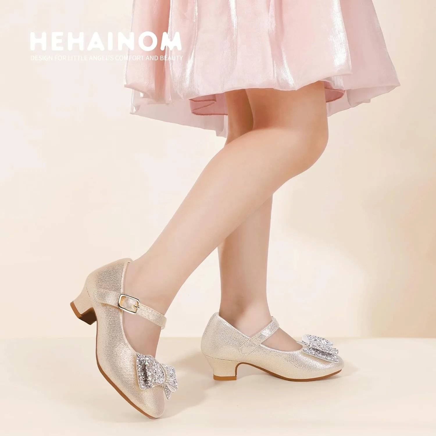 Hehainom Girls Mary Jane Dress Shoes Rhinestones Bows Flower Girl Wedding Princess Low Heels Toddler Little Kids Pump Shoes