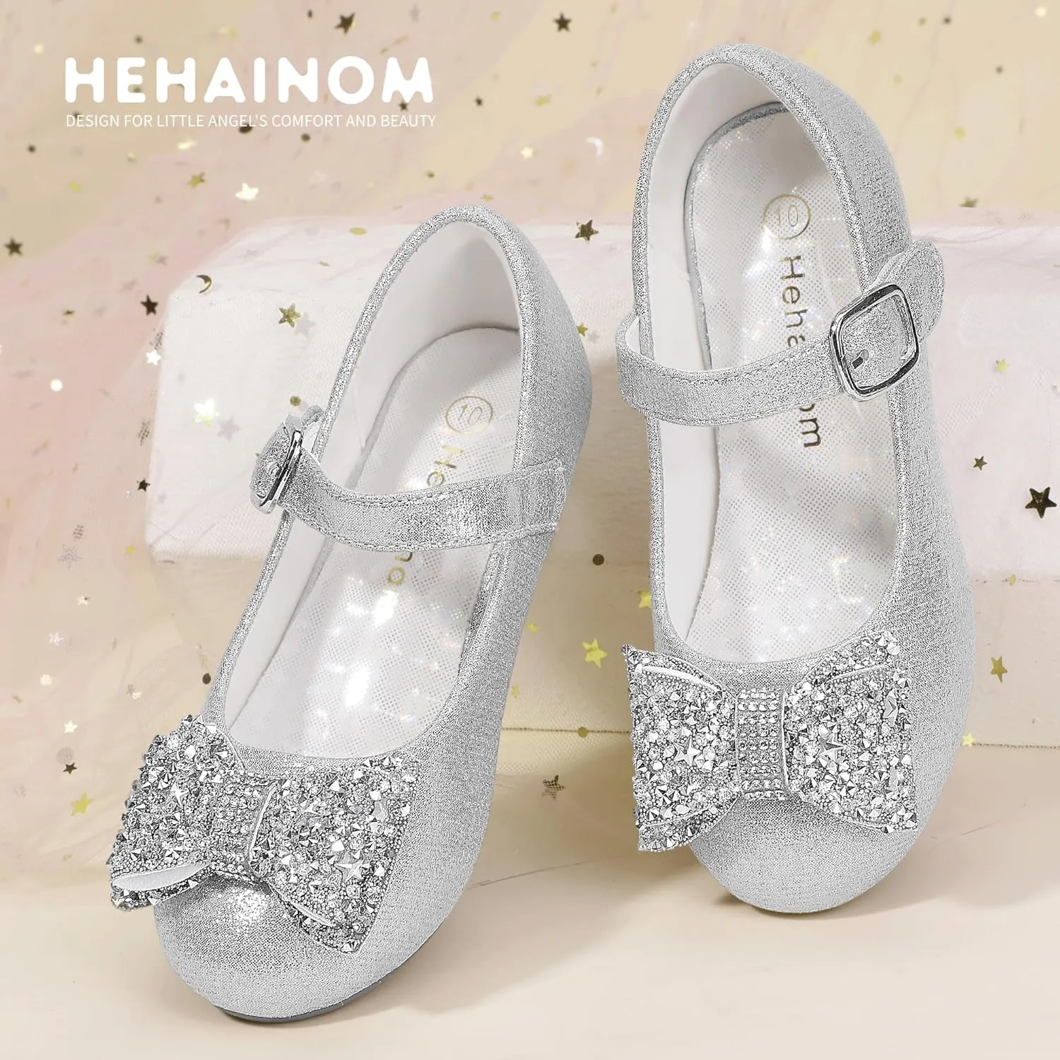 Hehainom Girls Mary Jane Dress Shoes Rhinestones Bows Flower Girl Wedding Princess Low Heels Toddler Little Kids Pump Shoes