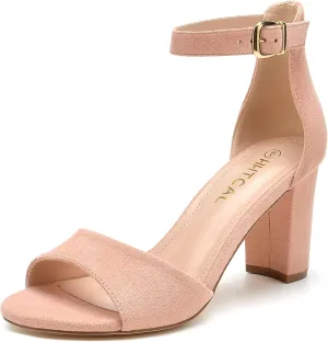 HHTCAL Ankle Strap Chunky Block High Heels for Women Sexy Strappy Fashion Buckle Round Open Toe Heeled Sandals Bridesmaid Bride Party Wedding Shoes