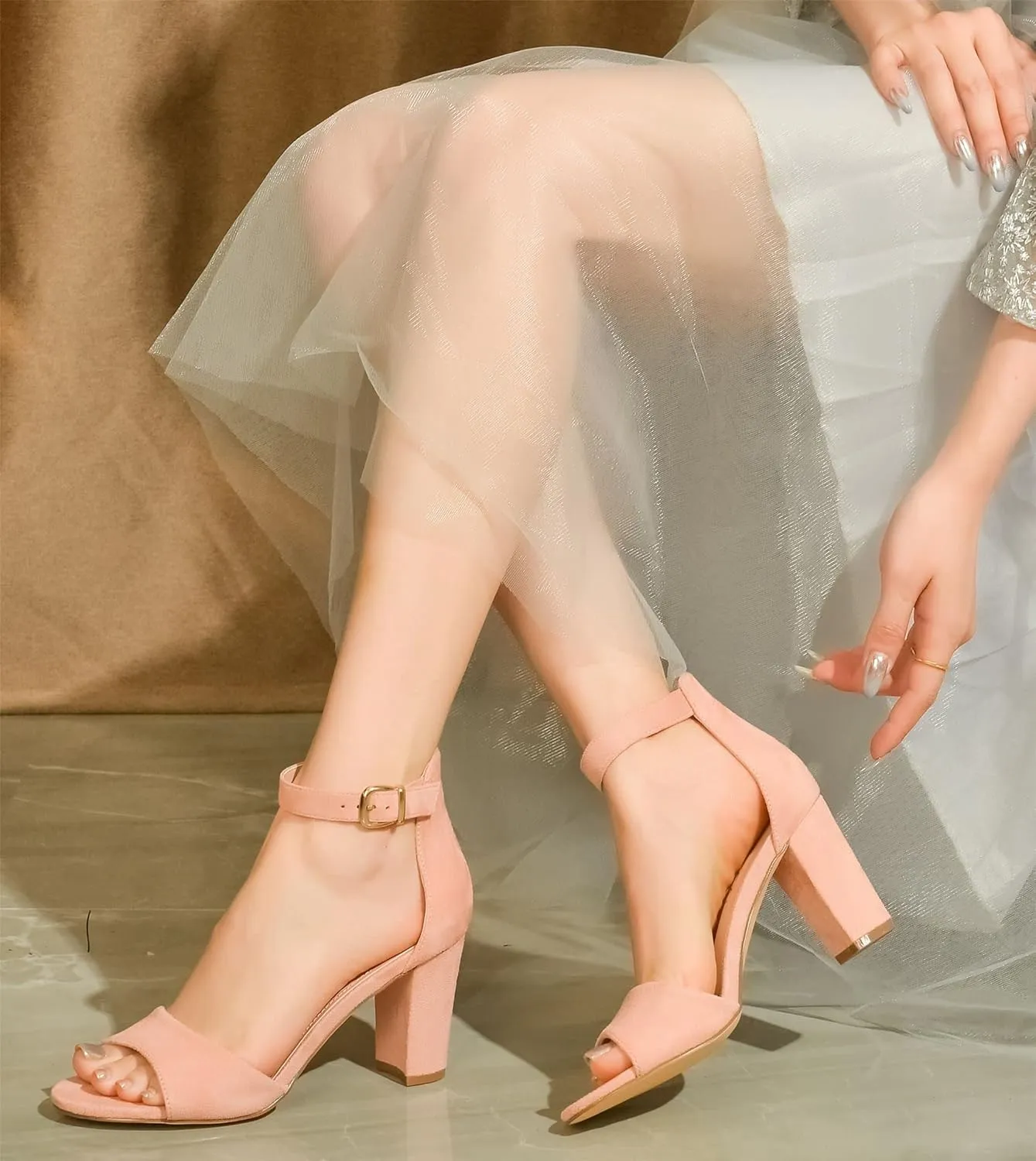 HHTCAL Ankle Strap Chunky Block High Heels for Women Sexy Strappy Fashion Buckle Round Open Toe Heeled Sandals Bridesmaid Bride Party Wedding Shoes