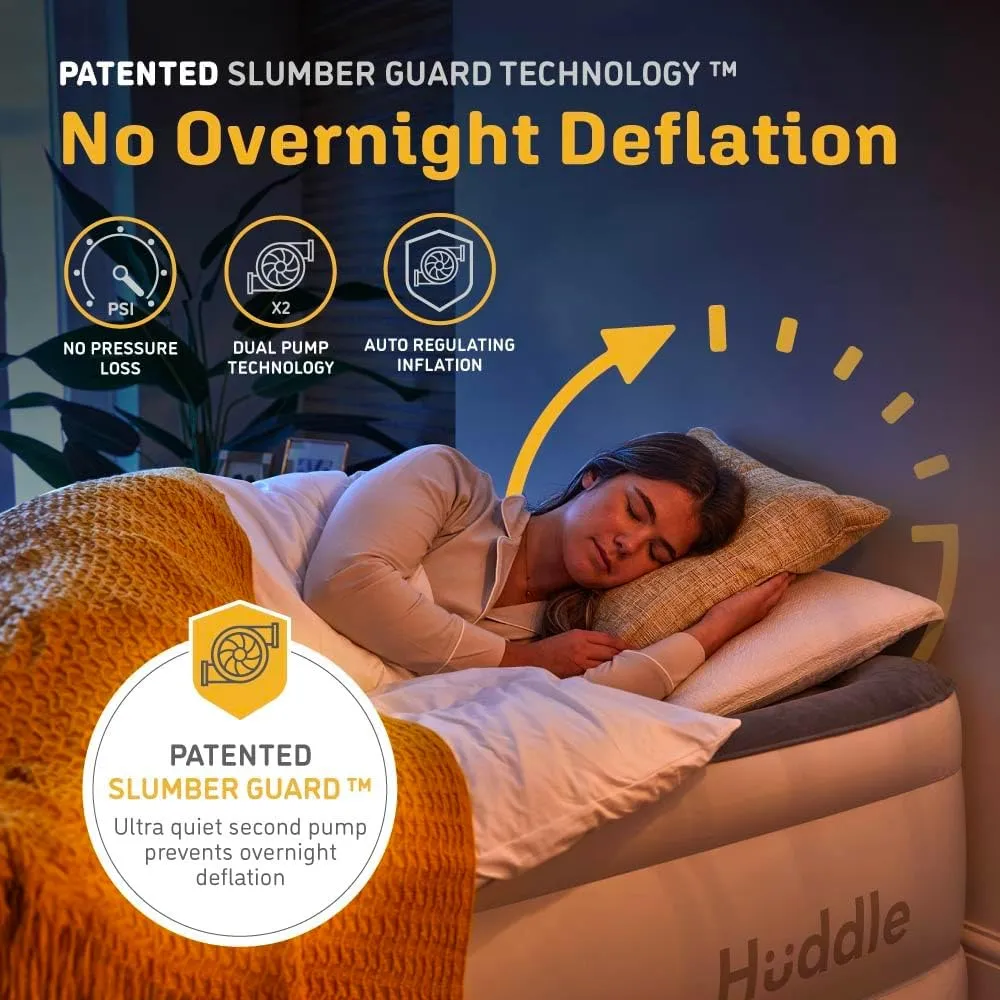 Huddle® Luxury Never Deflate Queen Air Bed with Patented Dual Pump SlumberGuard™ Premium Technology | Inflatable Mattress with Built-in Pump | Comfortable Inflatable Mattress