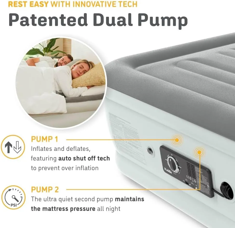Huddle® Luxury Never Deflate Queen Air Bed with Patented Dual Pump SlumberGuard™ Premium Technology | Inflatable Mattress with Built-in Pump | Comfortable Inflatable Mattress