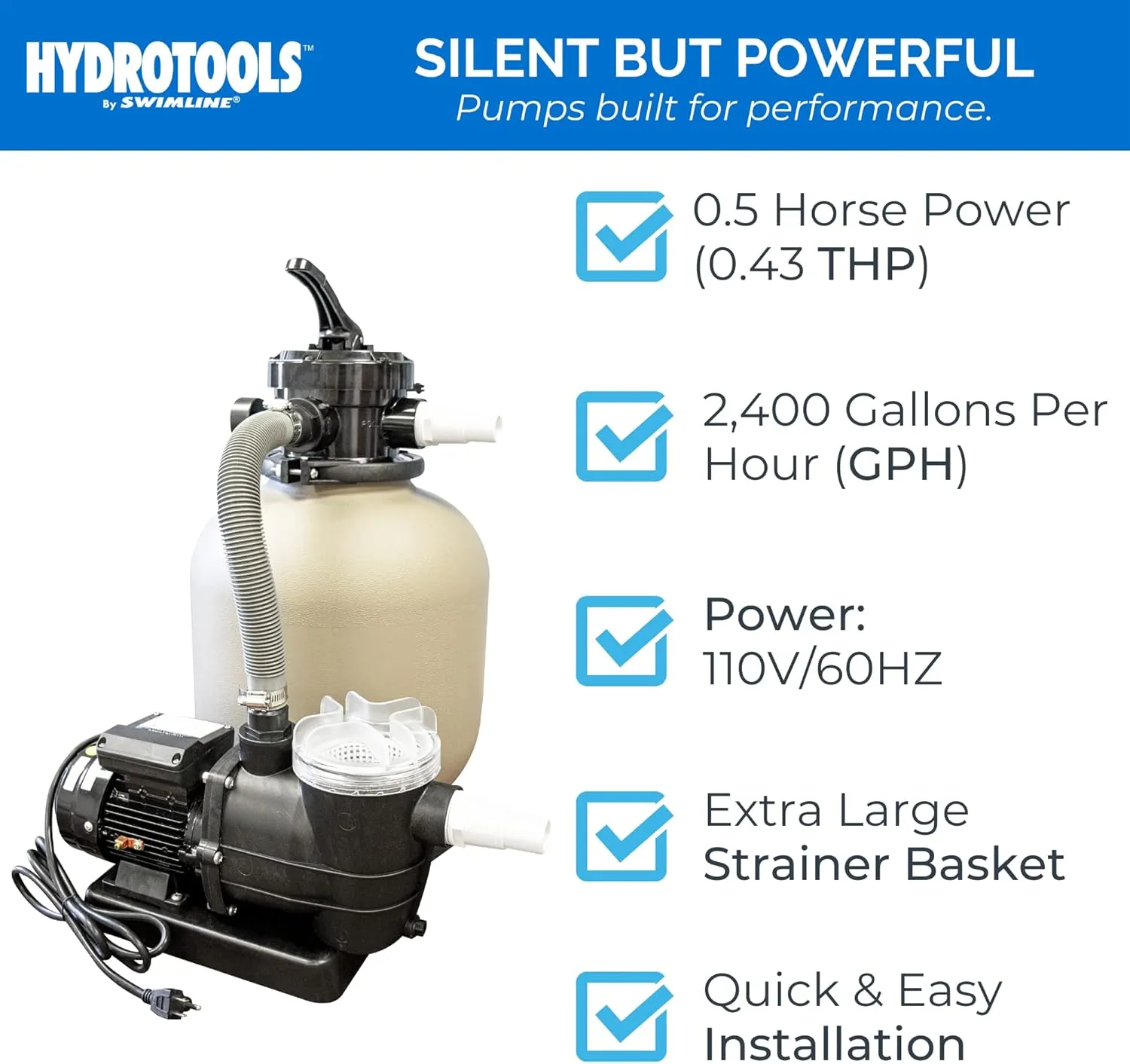 HYDROTOOLS Pool Sand & Cartridge Filter Pumps for Above Ground Pools |12-16 Inch & 8-40 SF Cleaner Systems | 1/3 to 1 HP Pump Options|for Intex Bestway Soft Sided Pools 40mm to 1.5 Inch Hose Convert