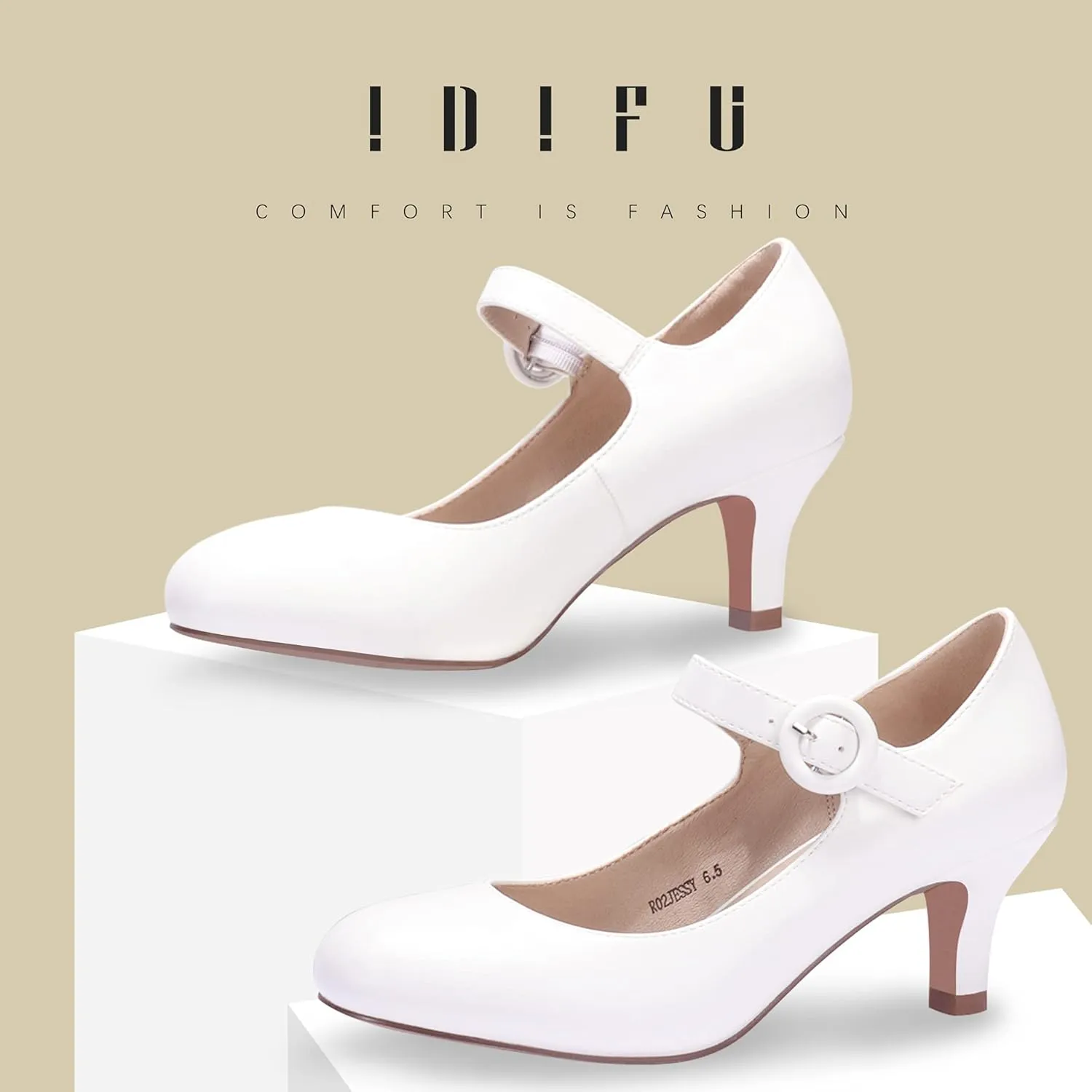 IDIFU Women's Jessy Dress Mary Jane Shoes Low Kitten Heels Closed Round Toe Office Work Wedding Pumps