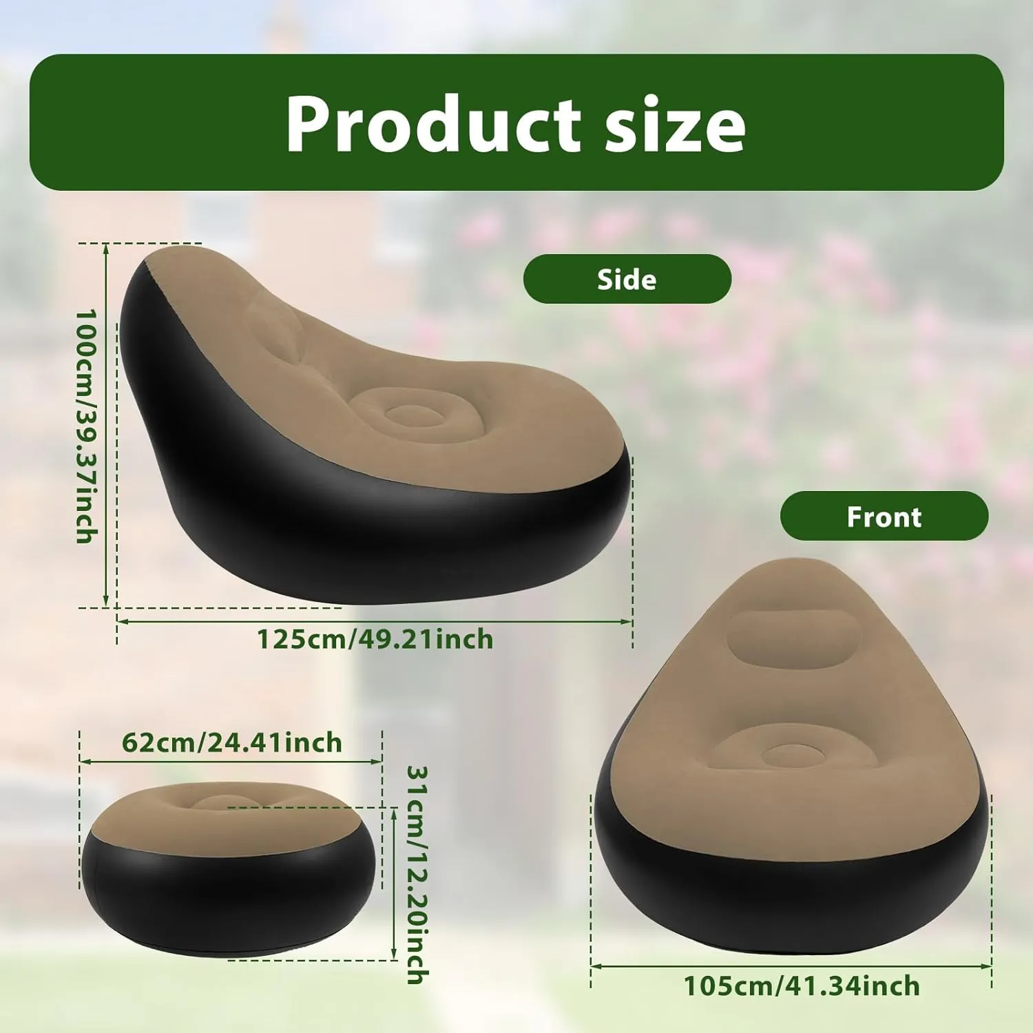Inflatable Chair, Inflatable Folding Sofa with Ottoman Portable Inflatable Couch with Flocked Surface Comfortable Blow Up Air Chair with Foot Pump for Indoor Bedroom Outdoor Camping Beach (Coffee)