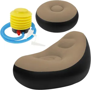 Inflatable Chair, Inflatable Folding Sofa with Ottoman Portable Inflatable Couch with Flocked Surface Comfortable Blow Up Air Chair with Foot Pump for Indoor Bedroom Outdoor Camping Beach (Coffee)