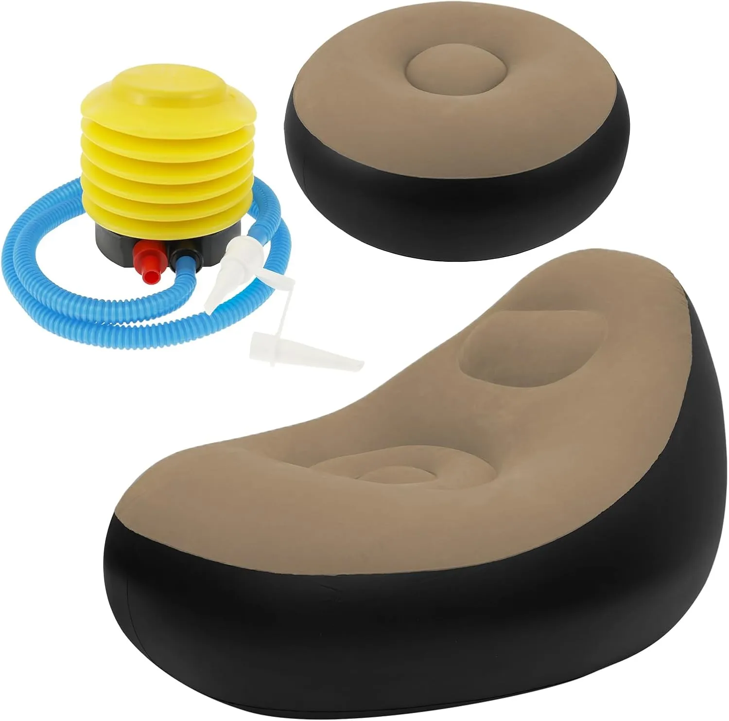 Inflatable Chair, Inflatable Folding Sofa with Ottoman Portable Inflatable Couch with Flocked Surface Comfortable Blow Up Air Chair with Foot Pump for Indoor Bedroom Outdoor Camping Beach (Coffee)