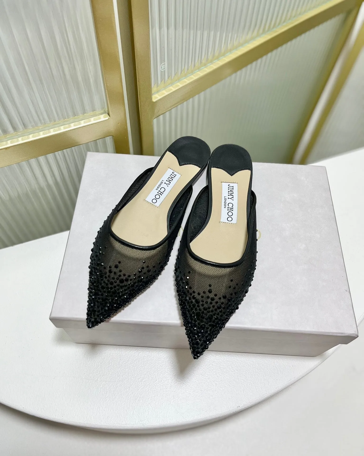 Jimmy Mule In Black Mesh Fabric With Swarovski Crystal 597874