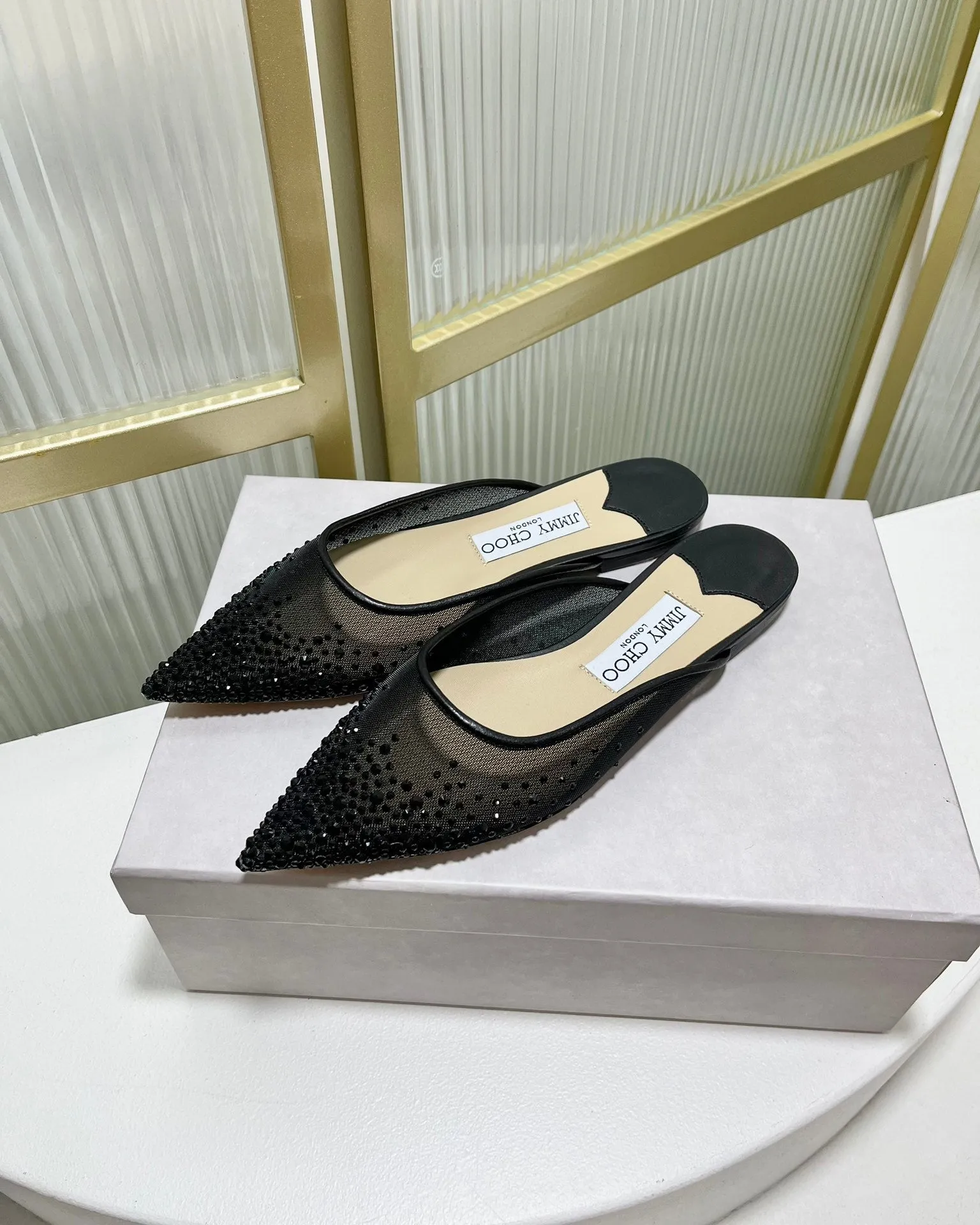 Jimmy Mule In Black Mesh Fabric With Swarovski Crystal 597874