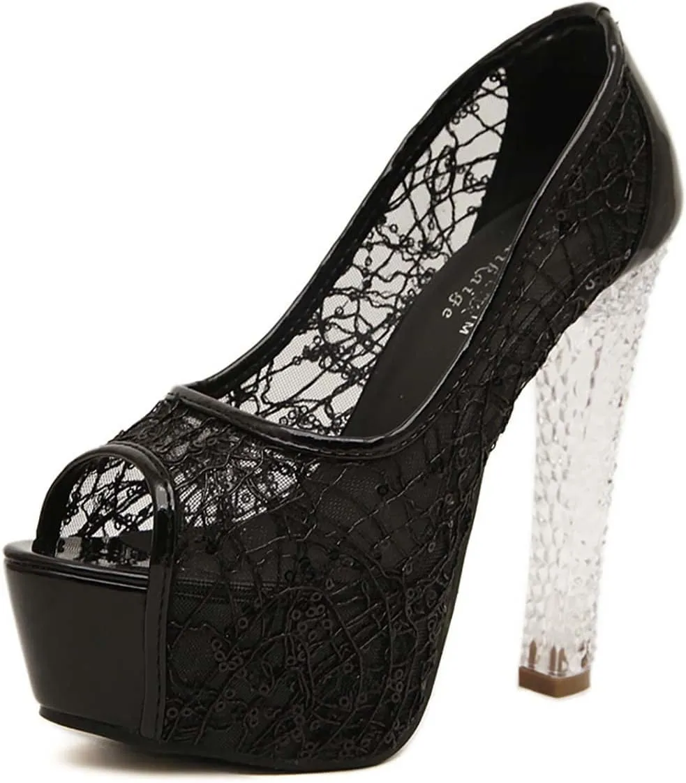 JOEupin Women Lace Sexy Pumps Shoe Peep Toe Elegant Wedding Party Platform Heels Ankle Strap Vintage Bride Pump Shoes