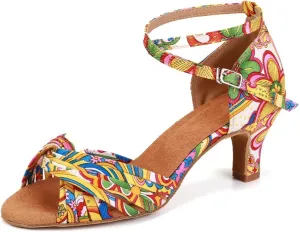 JUODVMP Women's Latin Salsa Shoes Colorful Print Satin Cross-Strap Ballroom Heels Model L255