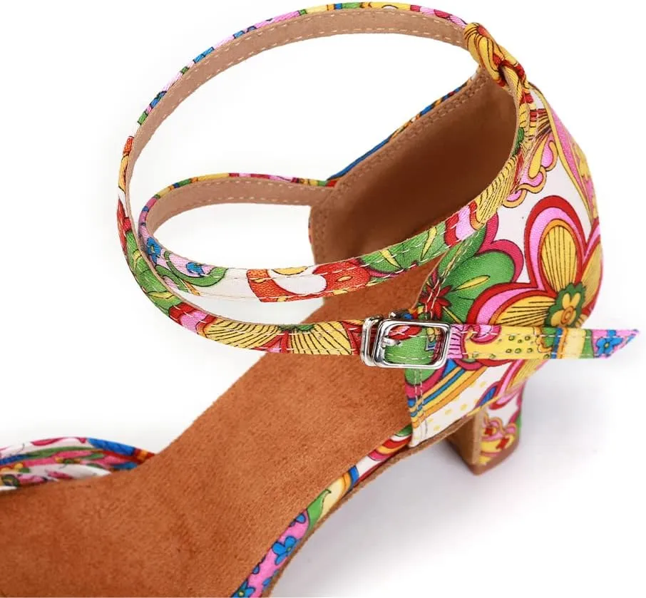 JUODVMP Women's Latin Salsa Shoes Colorful Print Satin Cross-Strap Ballroom Heels Model L255