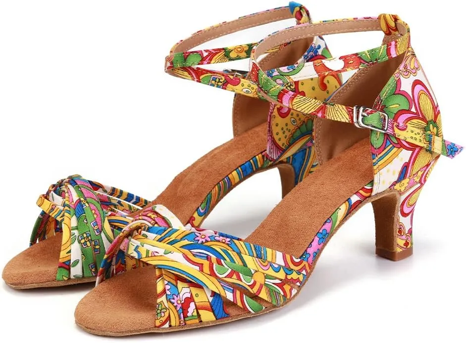 JUODVMP Women's Latin Salsa Shoes Colorful Print Satin Cross-Strap Ballroom Heels Model L255