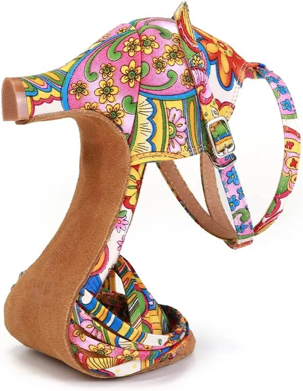 JUODVMP Women's Latin Salsa Shoes Colorful Print Satin Cross-Strap Ballroom Heels Model L255
