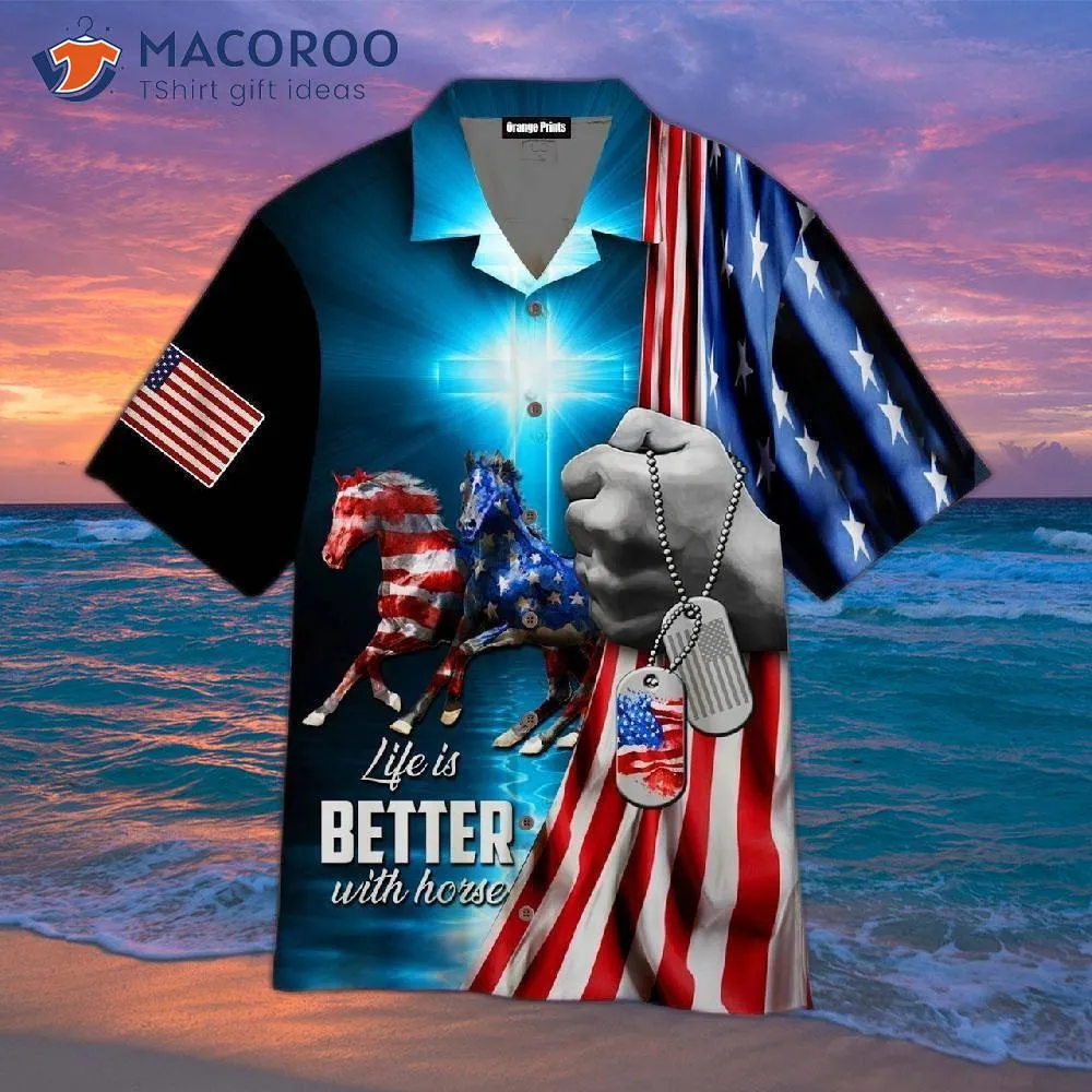 Kentucky Derby Horses With American Flag Hawaiian Shirts